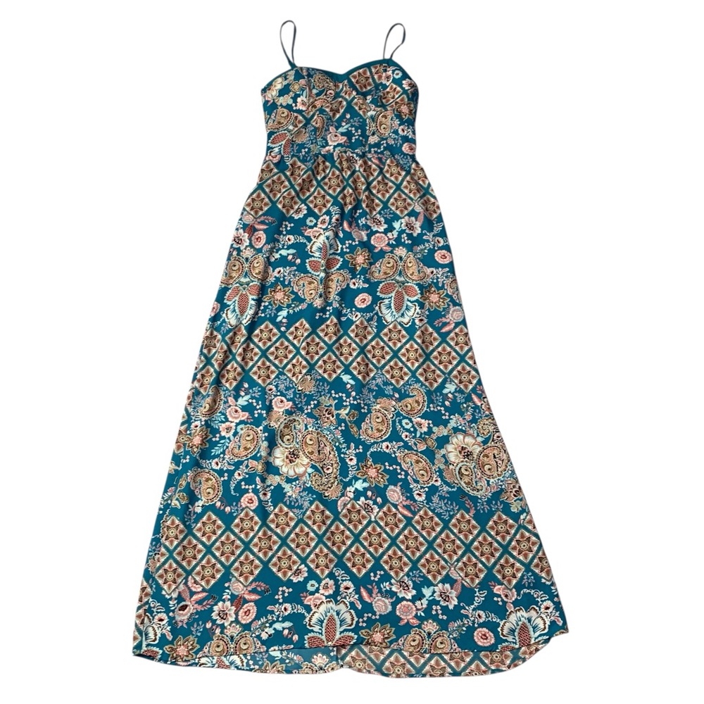 Xhilaration Smocked Sundress Blue Brown Print Women’s Medium Sweetheart Neckline